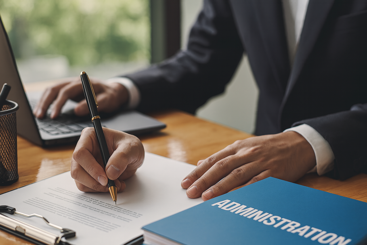Person unterschreibt Verwaltungsdokumente am Schreibtisch